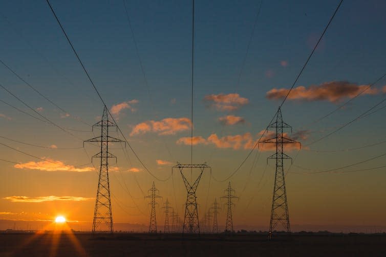 Electrical pylons, sunset