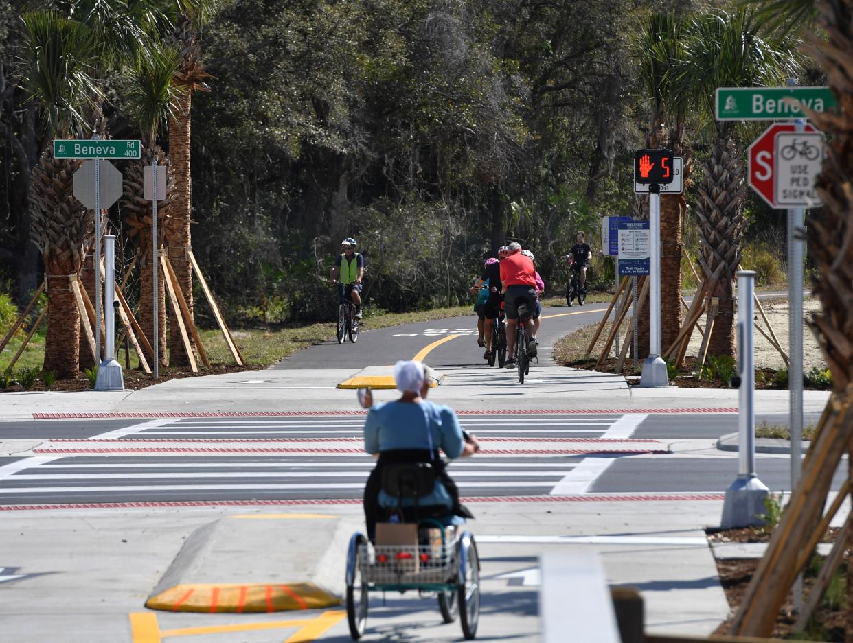 The Legacy Trail crossing at South Beneva Road in Sarasota County officially in March 2022. Sarasota county commissioners will vote Tuesday to add an overpass at that location and at Bahia Vista Street into the 2024-28 Capital Improvement Program.