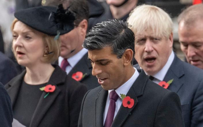 Rishi Sunak, Liz Truss and Boris Johnson at the Remembrance Sunday service in London. The Prime Minister's stance on Ukraine mirrors that of his two predecessors - Paul Grover for The Telegraph