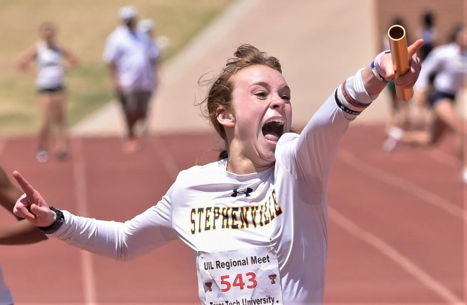 Stephenville's Victoria Cameron celebrates after crossing the finish line first in the 400-meter relay. Reese Weyers, Marin Copeland, Jaylee Matthews and Cameron won the event in 48.59 at the Region I-4A track and field meet Saturday at Lowrey Field in Lubbock. Cameron also won the 100 meters and ran a leg on the second-place 800 relay team.