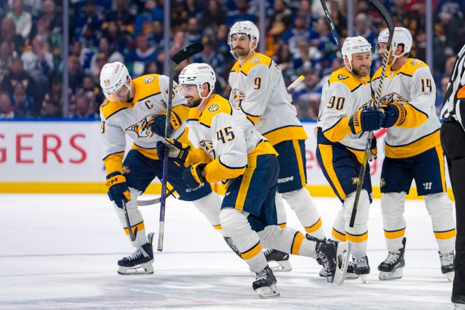Nashville Predators defenseman Alexandre Carrier (45) celebrates his goal against the Vancouver Canucks during the third period in Game 5 of the first round of the 2024 Stanley Cup Playoffs on Tuesday, April 30 at Rogers Arena in Vancouver.