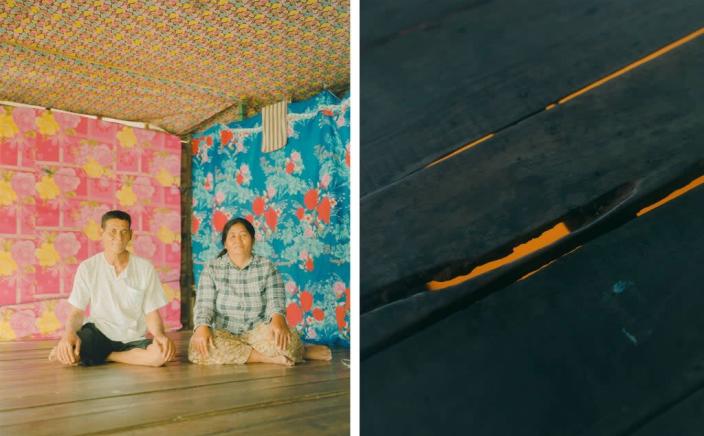 Left, the Paen family’s home; right, water seen through the floorboard of a floating home (1854 x WaterAid: Once Beating Heart/Calvin Chow 2022)