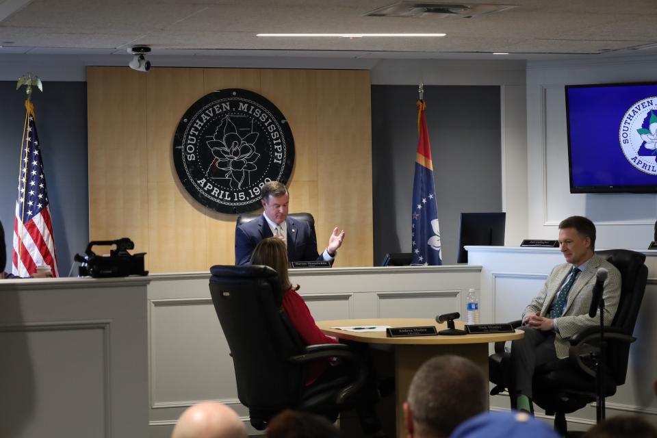 Southaven Mayor Darren Musselwhite delivers some remarks prior to Brent Vickers appointment as police chief. "Your character, your training, your experience and your commitment to excellence have made you ready," Musselwhite said. "You've earned this promotion."