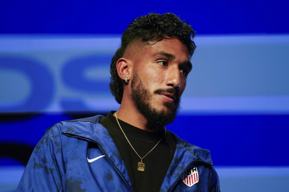 United States soccer player Jesús Ferreira, watches Wednesday, Nov. 9, 2022, in New York, as the team's roster for the upcoming World Cup in Qatar is announced. (AP Photo/Julia Nikhinson)