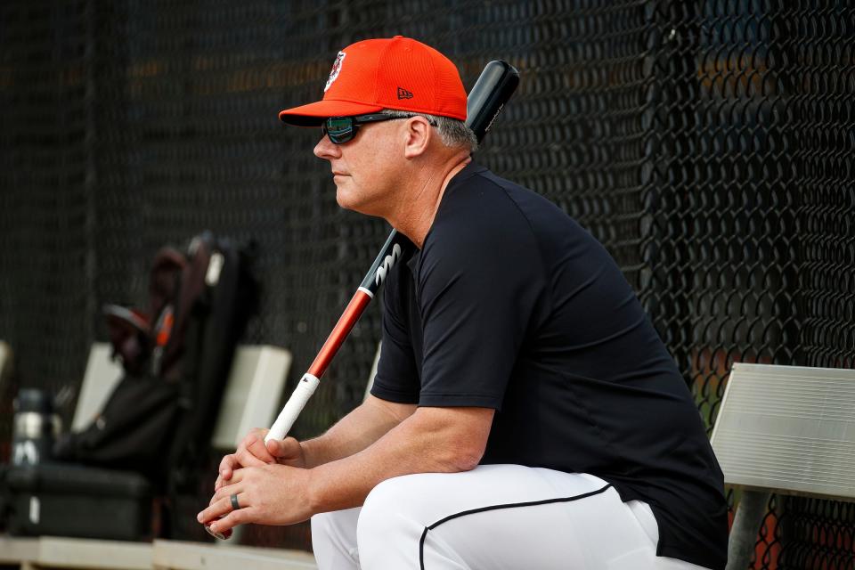 Detroit Tigers manager A.J. Hinch watchers practice during spring training at TigerTown in Lakeland, Fla. on Friday, Feb. 16, 2024.