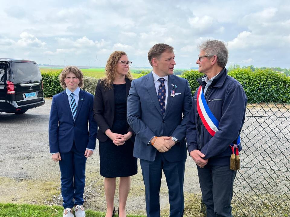 Premier Andrew Furey met Friday with Damien Guise, right, mayor of Gueudecourt. The community was the site of a major First World War battle involving the Royal Newfoundland Regiment. Furey was accompanied by his wife Alison and their son, Mark. 