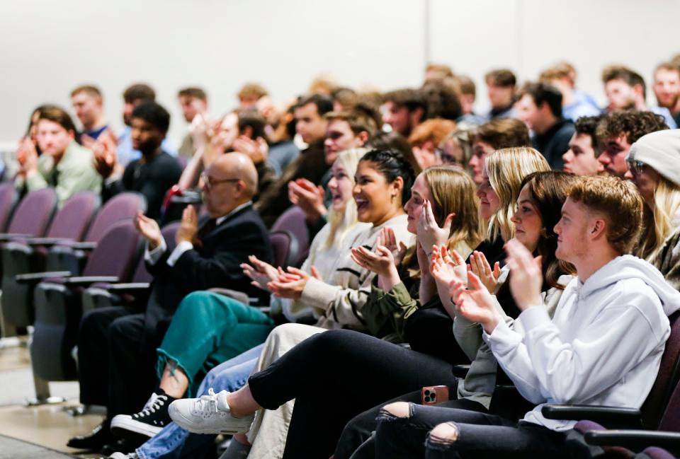 Students applaud as the name change of Bible Baptist College to Mission University is announced on Thursday, Jan. 25, 2024.