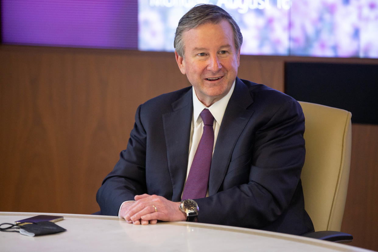 Florida State University President Richard McCullough meets with local reporters during his first day on the job at FSU's Westcott Building Monday, August 16, 2021. 