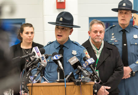 Sgt. Richard Bratz, PIO Delaware State Police, issues a statement about the prison guards who were taken hostage by prison inmates, at James T. Vaughn Correctional Center in Smyrna, Delaware, U.S., February 2, 2017. REUTERS/Doug Curran