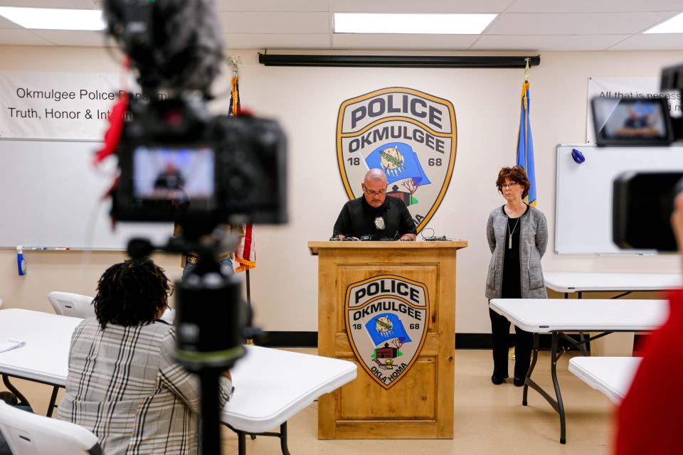 Joe Prentice, Okmulgee police chief, speaks May 3 at a news conference after seven bodies were found in Henryetta.
