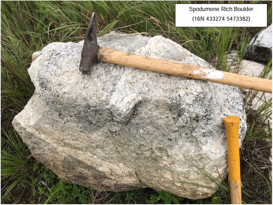 Spodumene bearing pegmatite boulder