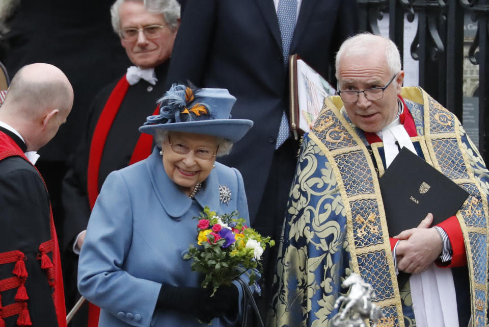 Britain's Queen Elizabeth II (L) and The Very Reverend Dr David Hoyle, Dean of Westminster leave after attending the annual Commonwealth Service at Westminster Abbey in London on March 09, 2020. - Britain's Queen Elizabeth II has been the Head of the Commonwealth throughout her reign. Organised by the Royal Commonwealth Society, the Service is the largest annual inter-faith gathering in the United Kingdom. (Photo by Tolga AKMEN / AFP) (Photo by TOLGA AKMEN/AFP via Getty Images)