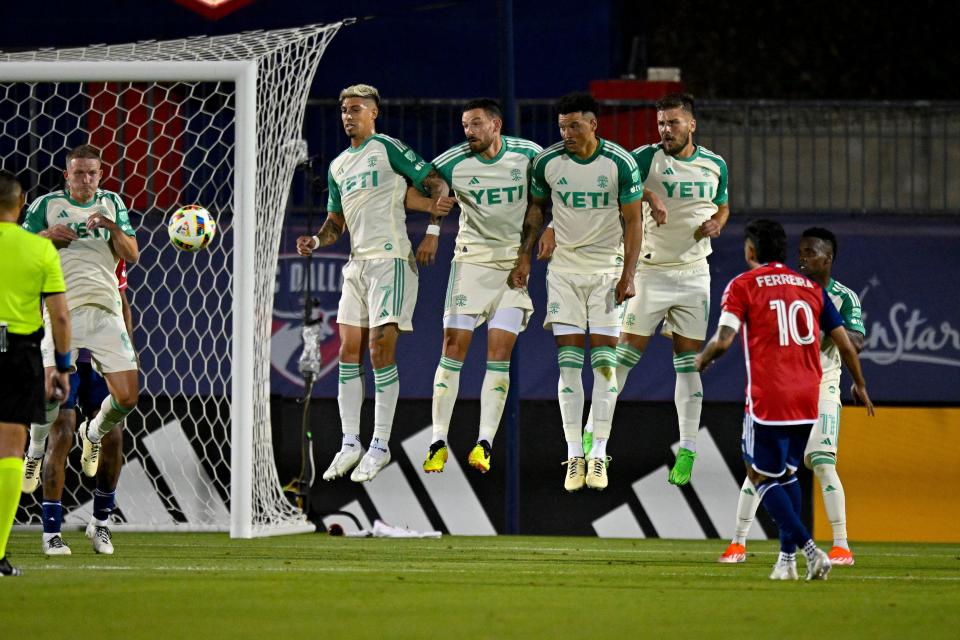 Austin FC defends a free kick from FC Dallas forward Jesus Ferreira during their game at Toyota Stadium on Saturday. The Verde & Black lost that matchup in Dallas and next face Houston in a midweek contest Wednesday at Q2 Stadium.