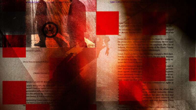 Shadowy figures and court documents with red and cream colored overlays