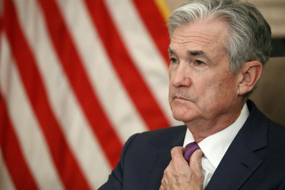 Federal Reserve Chairman Jerome Powell attends a panel at the Federal Reserve Board Building, Friday, Oct. 4, 2019, in Washington. (AP Photo/Jacquelyn Martin)