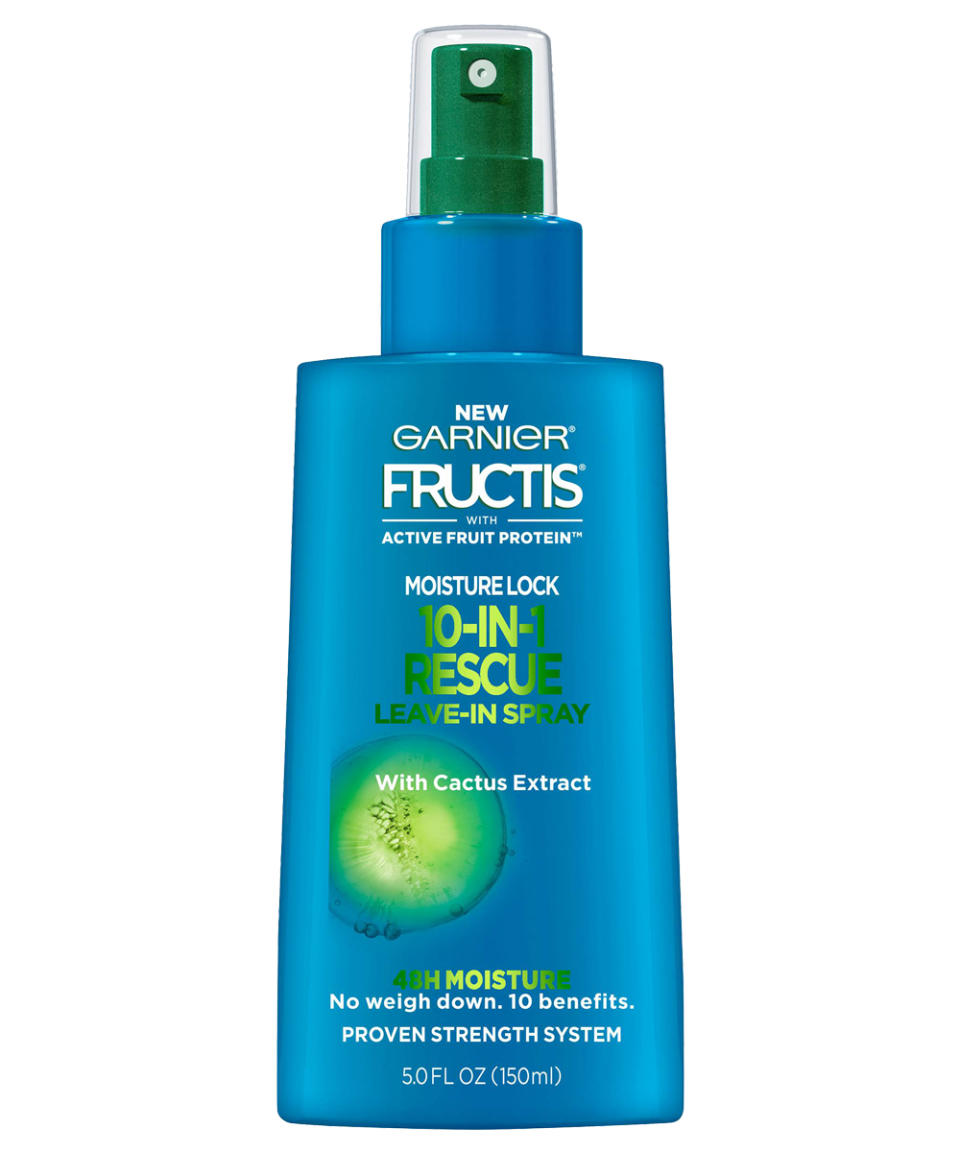 <p>Spritz this hydrating spray all over damp hair to strength strands and add shine.</p> <p>$5 | <a rel="nofollow noopener" href="http://www.target.com/p/garnier-fructis-with-active-fruit-protein-moisture-lock-10-in-1-rescue-leave-spray-cactus-extract-5-oz/-/A-50978797" target="_blank" data-ylk="slk:SHOP IT;elm:context_link;itc:0;sec:content-canvas" class="link ">SHOP IT</a></p>