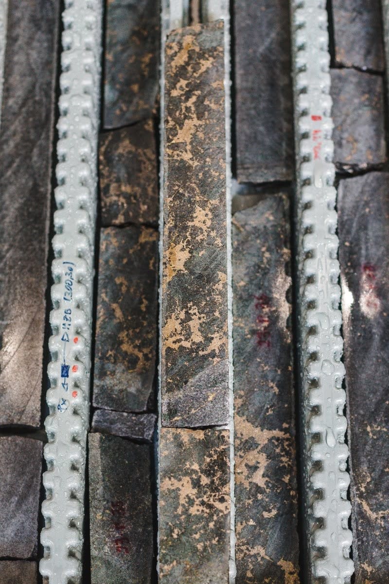 Brecciated and patchy net-textured sulphides shown in detail for hole LZ-32 (~300 meters downhole) showing both pentlandite and pyrrhotite