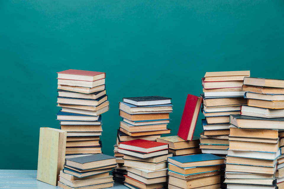 stacks of hardcover books