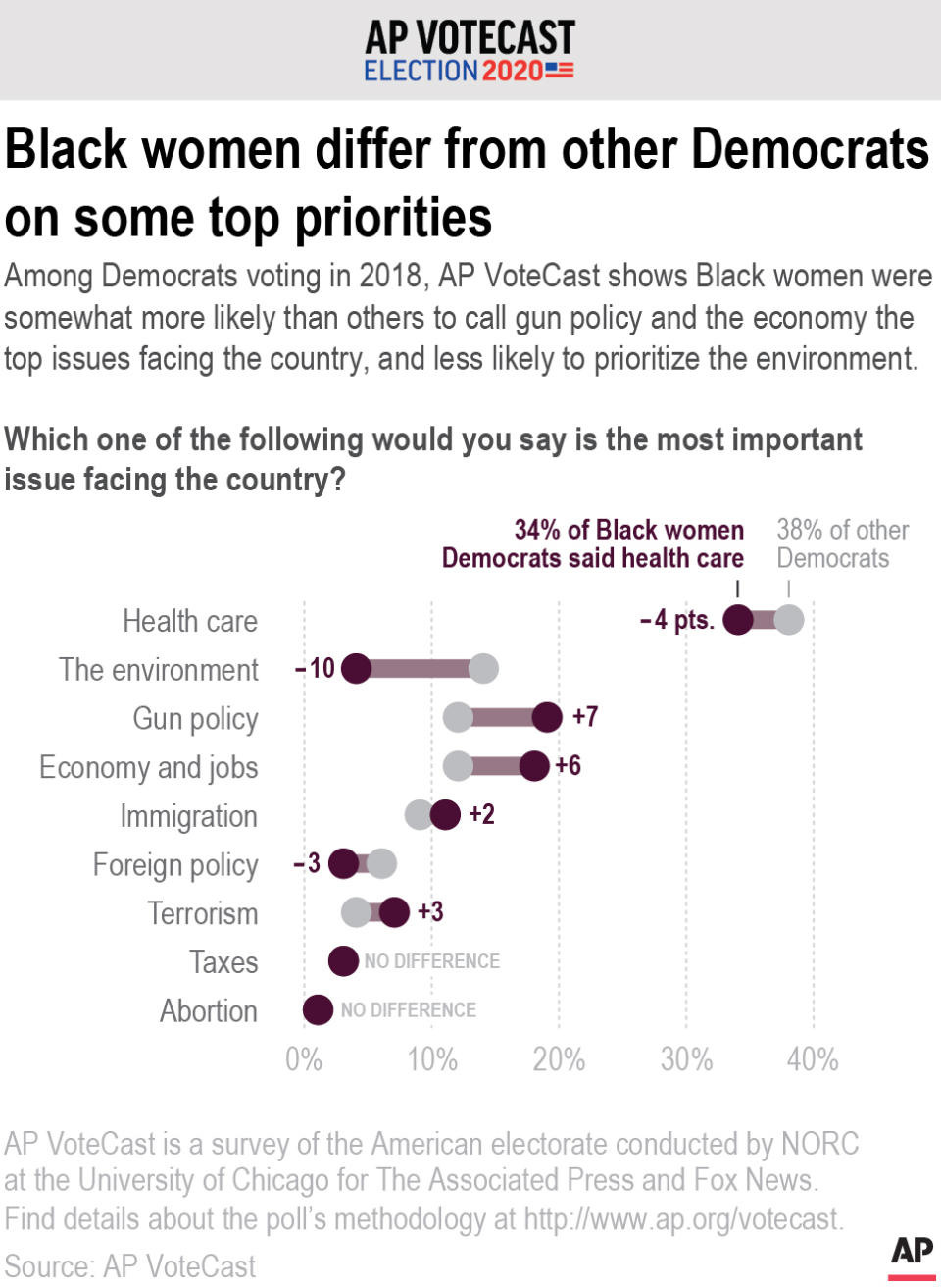 According to the 2018 VoteCast survey, more Black women Democrats say that gun policy and the economy are the most important issues facing the country compared to other Democrats. They are less likely to prioritize the environment.