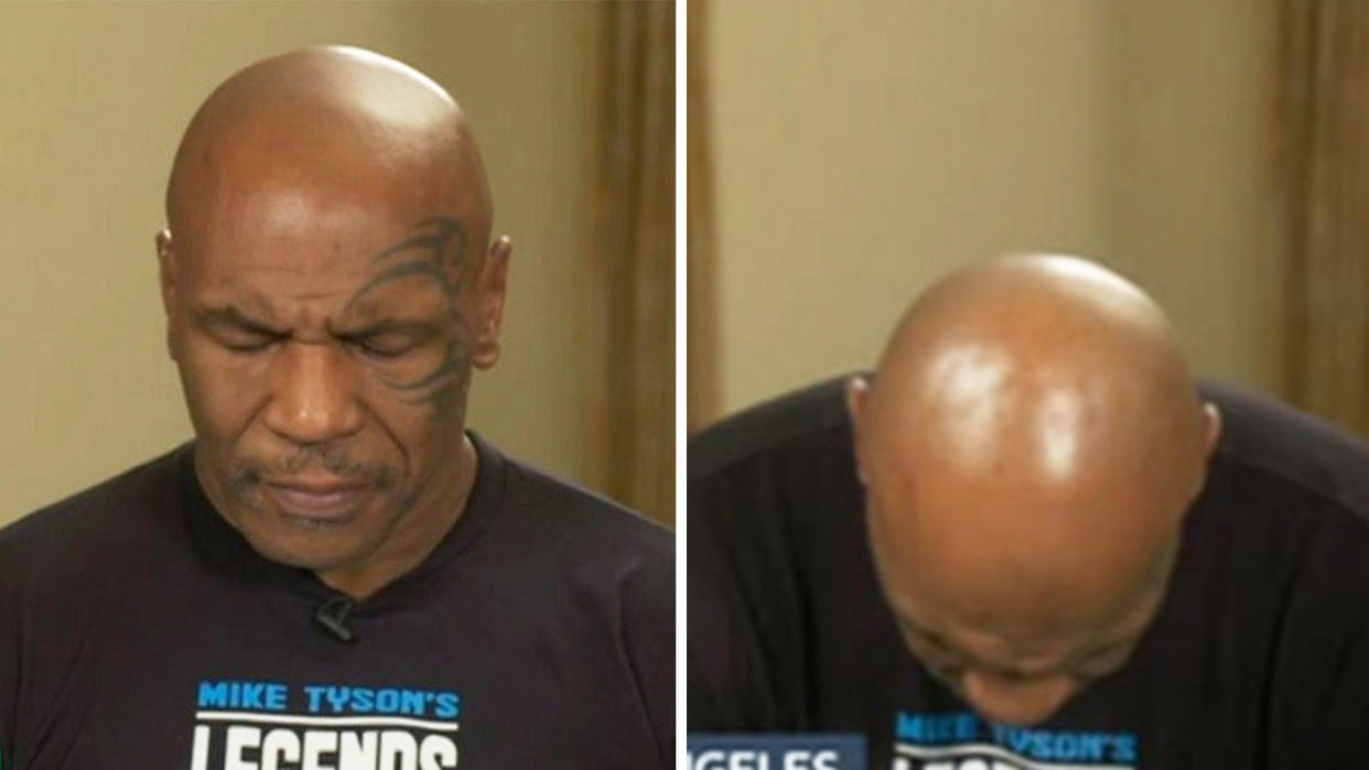 Mike Tyson (pictured) slurring his words and dropping his head in exhaustion during an interview.