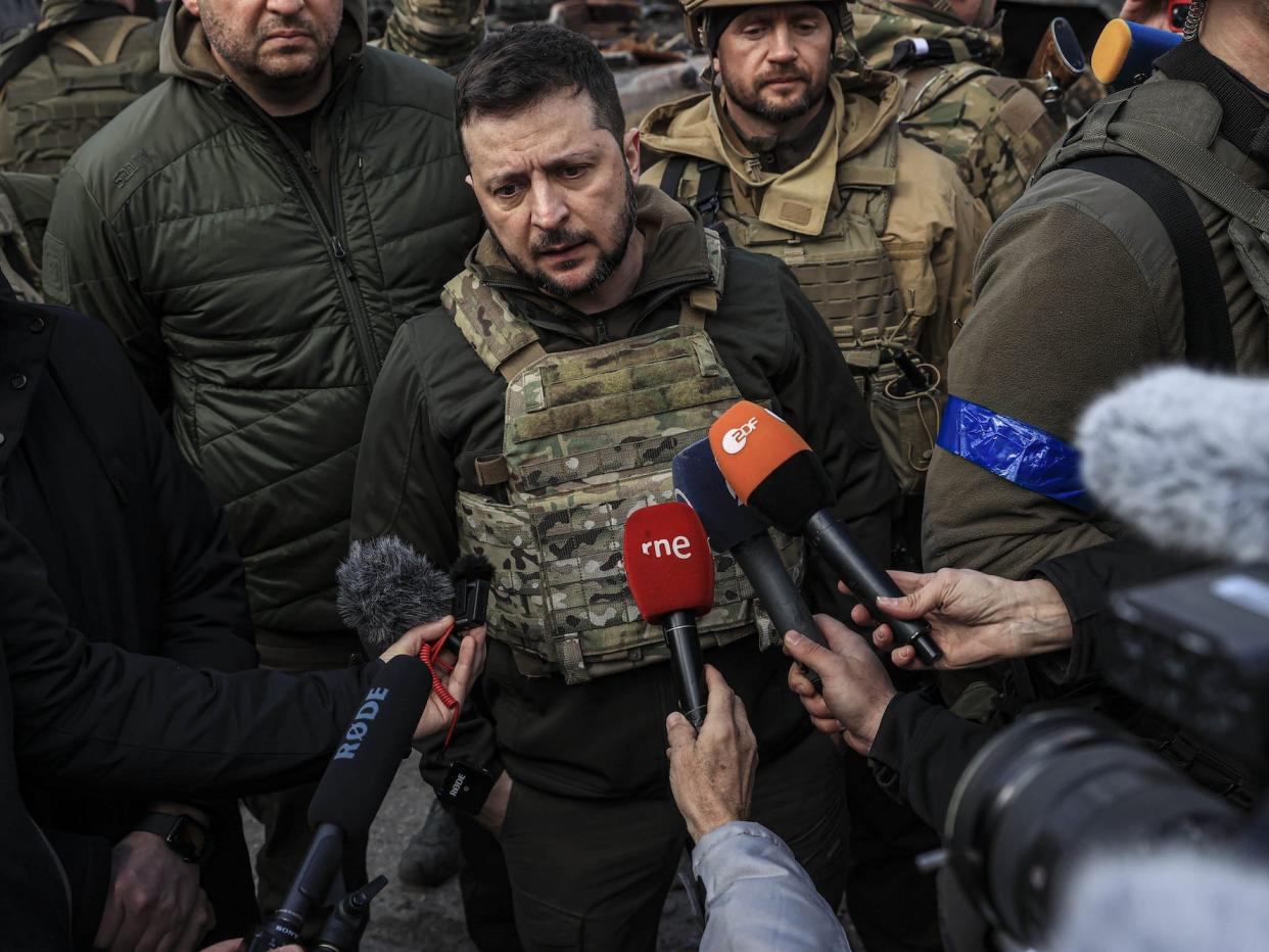 Ukrainian President Volodymyr Zelenskyy speaking to reporters in Bucha, Ukraine.