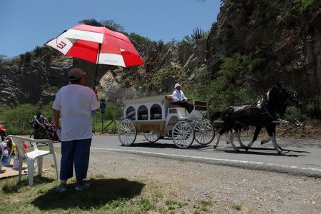 A horse-drawn carriage carries the coffin of Angel Candelario, one of the victims of the shooting at the Pulse night club in Orlando, during his funeral procession in his hometown of Guanica, Puerto Rico, June 18, 2016. REUTERS/Alvin Baez