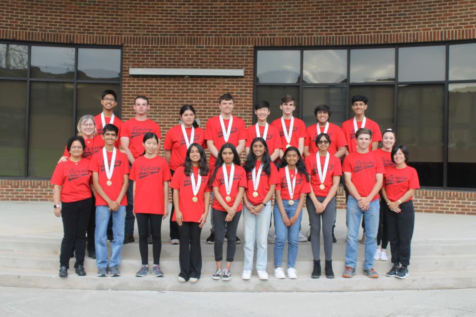 (Back row, left to right) SCVTHS SkillsUSA Advisor Karen Morlock, New Jersey SkillsUSA gold medal-winning students Arnav Khanna of Hillsborough, James Marvits of Hillsborough, Avantika Malla of Branchburg, Brian Opdyke of Neshanic Station, Alexander Zheng of Bridgewater, James Saba of Somerset, Rohil Singh of Hillsborough, Sharan Krishnan of Hillsborough, SCVTHS SkillsUSA Advisor Samantha Inga, (front, left to right) SCVTHS SkillsUSA Advisor Pratima Patil, Vir Trivedi of Hillsborough, Evelyn Chuo of Clinton, Jiya Mody of Martinsville, Srinidhi Ganeshan of Hillsborough, Anushka Dasari of Princeton, Mallika Shankar of Hillsborough, Aishwarya Dodda, Will Rogus of Branchburg, and SCVTHS SkillsUSA Advisor Michelle Fresco pose for a photo at the SCVTHS Amphitheater.