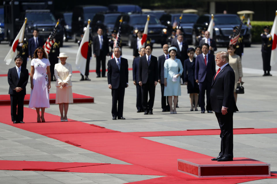President Donald Trump and first lady Melania Trump participate with Japanese Emperor Naruhito and Japanese Empress Masako in a Imperial Palace welcome ceremony Monday, May 27, 2019, in Tokyo. (AP Photo/Evan Vucci)