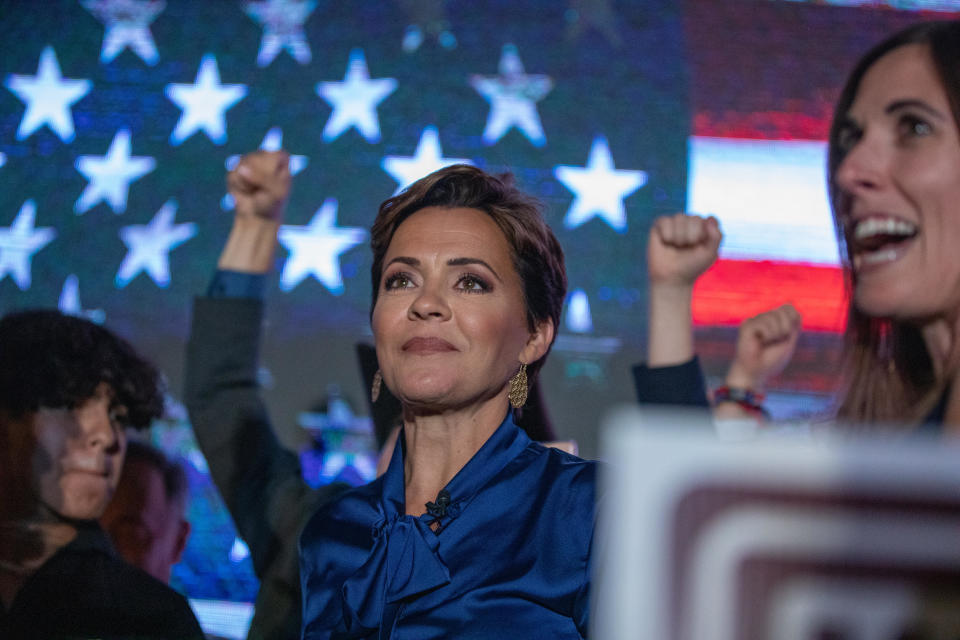 Kari Lake, Republican gubernatorial candidate for Arizona, during an election night party in Scottsdale, Arizona, on Tuesday, Aug. 2, 2022.  / Credit: Caitlin O'Hara/Bloomberg via Getty Images