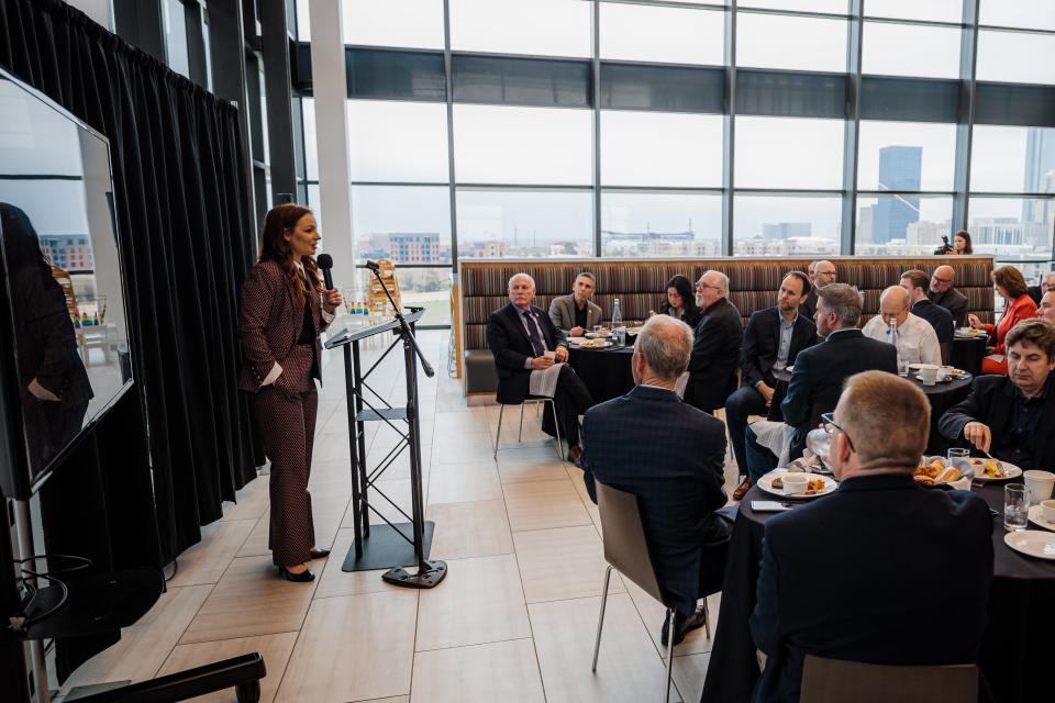 Westwin Elements CEO KaLeigh Long addresses a group at the OSU Hamm Institute for American Energy in March.