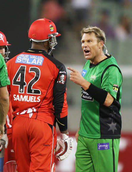 Australian star Shane Warne was banned for one match and fined Aus $4,500 (US$4,700) after an ugly, foul-mouthed clash with West Indian Marlon Samuels during a Big Bash T20 match in Melbourne. (Photo by Michael Dodge/Getty Images)