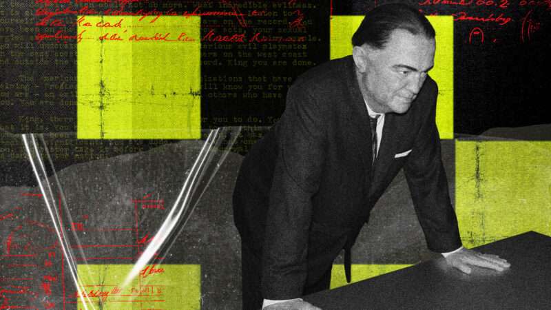 Black and white image of J. Edgar Hoover leaning over a table, behind him are green squares and text.
