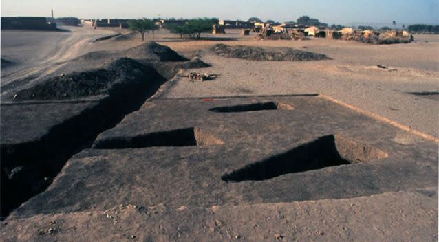 Some of the semi-triangular shaped tomb cuts at the excavation site. Photo: Berber-Abidiya Archaeological Project.