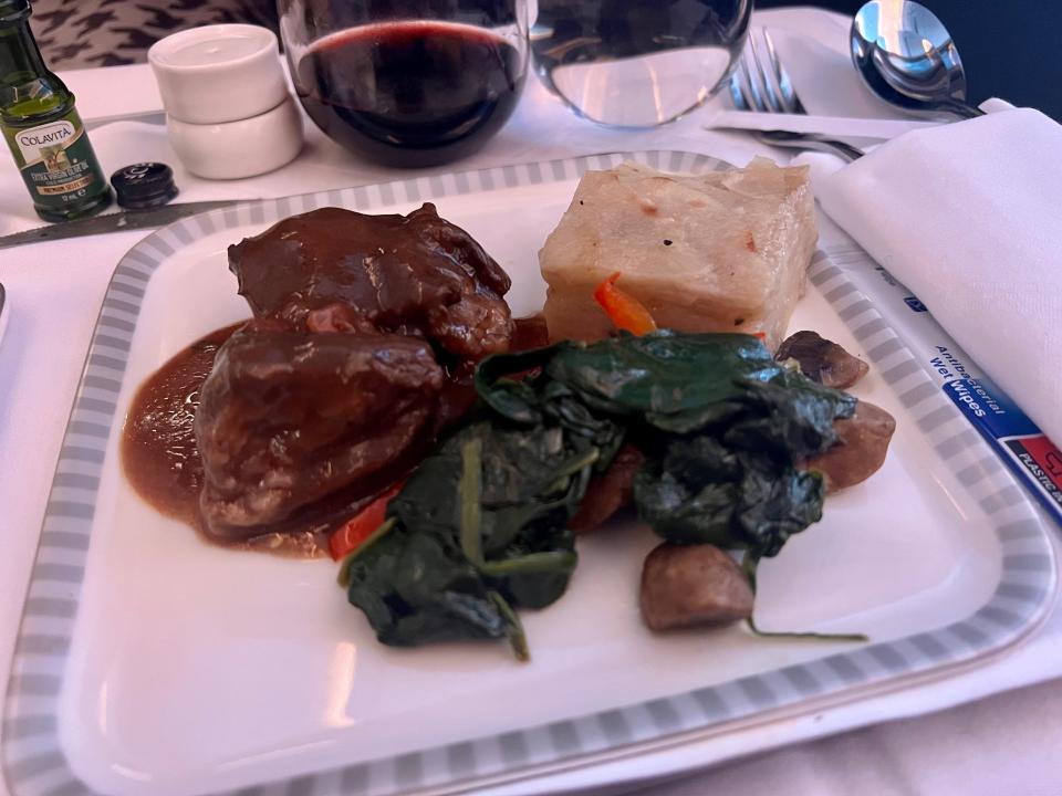 My beef meal on Singapore served with potatoes and spinach.