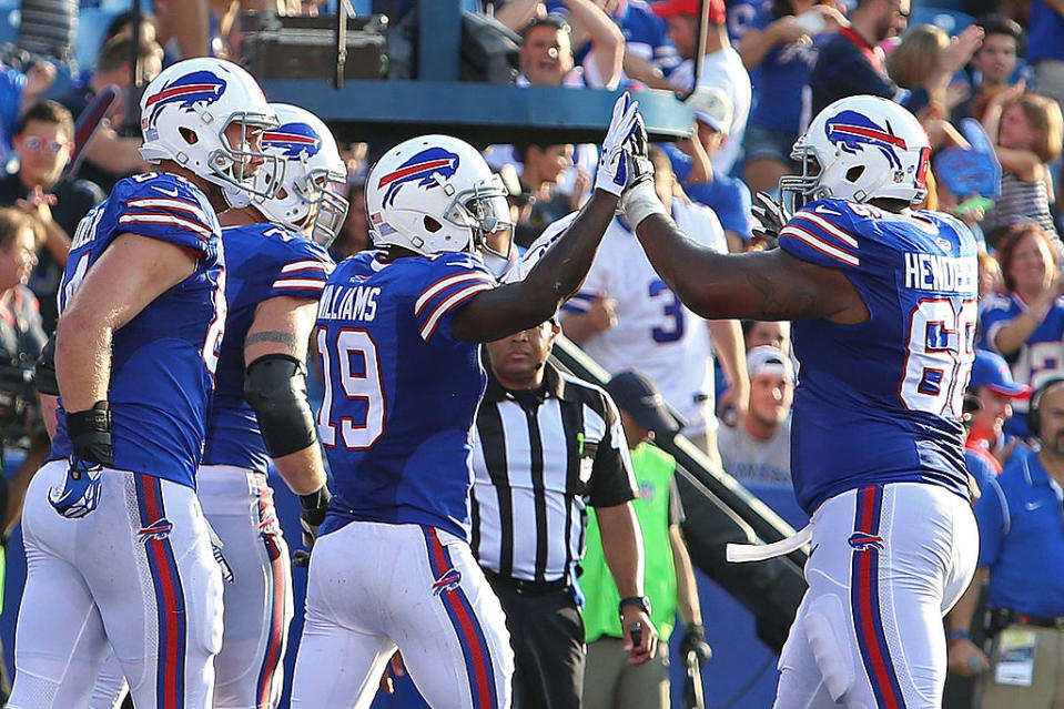 Mike Williams #19 of the Buffalo Bills celebrates a touchdown with Seantrel Henderson #66 of the Buffalo Bills against the Tampa Bay Buccaneers during the second half at Ralph Wilson Stadium on August 23, 2014 in Orchard Park, New York. (Photo by Vaughn Ridley/Getty Images)