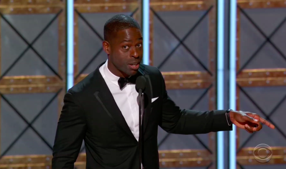 Sterling K. Brown reacts to being played off at the Emmys. (Photo: CBS)