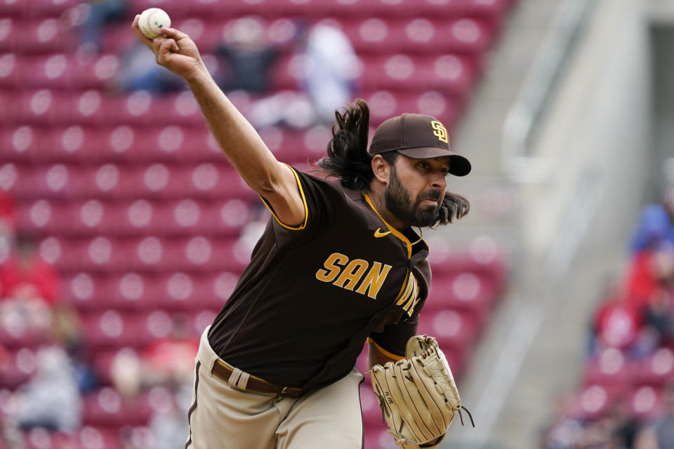 San Diego Padres relief pitcher Nabil Crismatt throws during the sixth inning of a baseball game against the Cincinnati Reds, Thursday, April 28, 2022, in Cincinnati. (AP Photo/Jeff Dean)