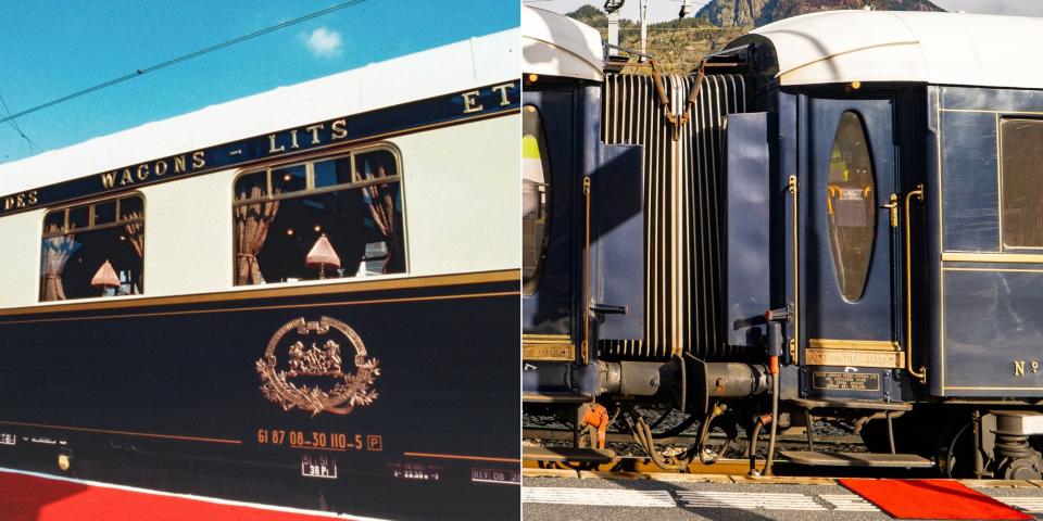 Side-by-side images of navy blue trains with red carpets on the platform