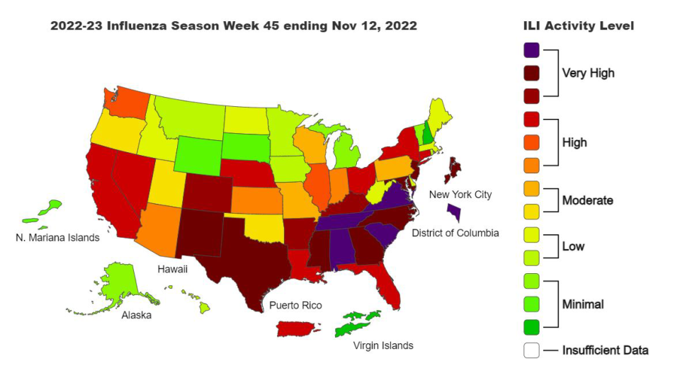 A U.S. map with flu activity by state for week ending Nov. 12, 2022. (CDC)