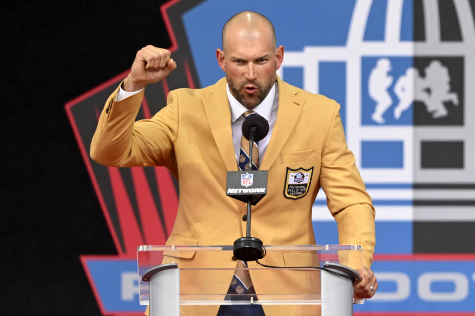 Former NFL player Joe Thomas speaks during his induction into the Pro Football Hall of Fame in Canton, Ohio, Saturday, Aug. 5, 2023. (AP Photo/David Richard)