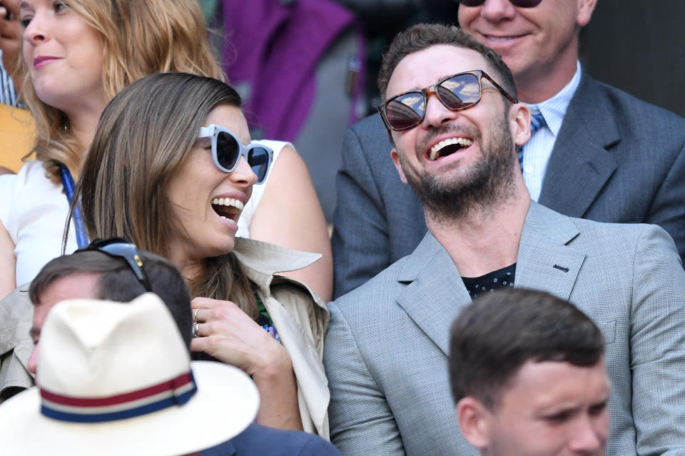 LONDON, ENGLAND - JULY 10:  Jessica Biel and Justin Timberlake attend day eight of the Wimbledon Tennis Championships at the All England Lawn Tennis and Croquet Club on July 10, 2018 in London, England.  (Photo by Karwai Tang/WireImage )