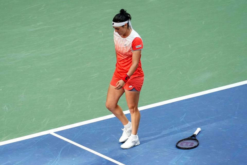Ons Jabeur drops her racket in frustration (Mary Altaffer/AP) (AP)