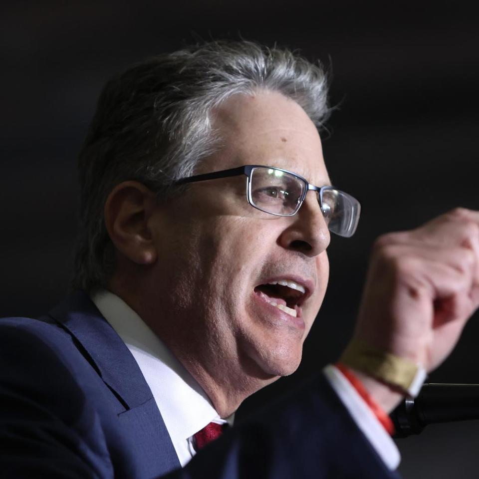 Matthew DePerno, who is running for the Michigan Republican party’s nomination for state attorney general, speaks at a rally hosted by former President Donald Trump on April 02, 2022 near Washington, Michigan.