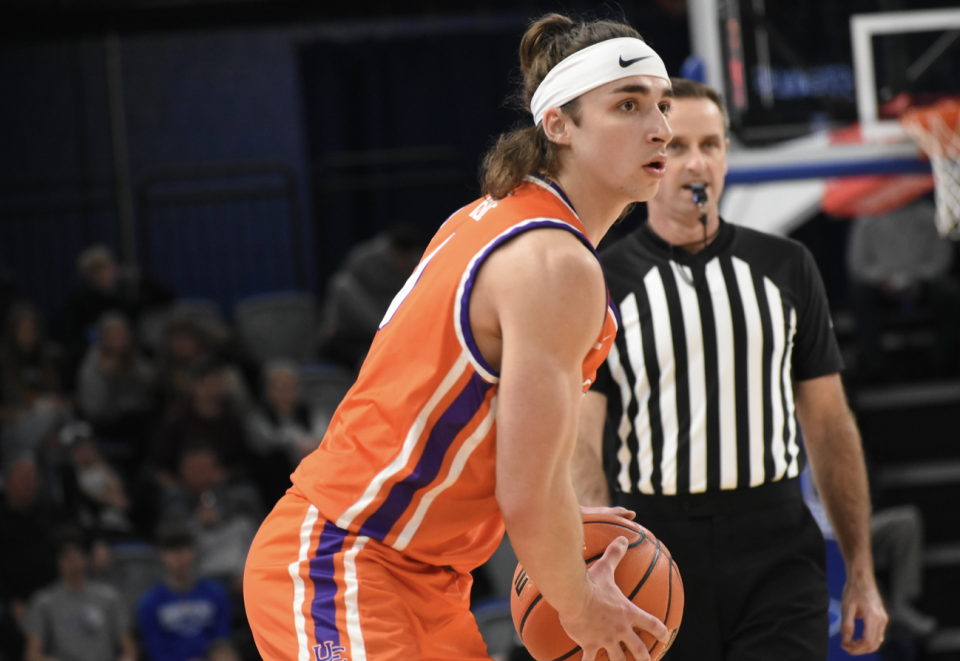 Evansville guard Gage Bobe looks at his options against Indiana State.