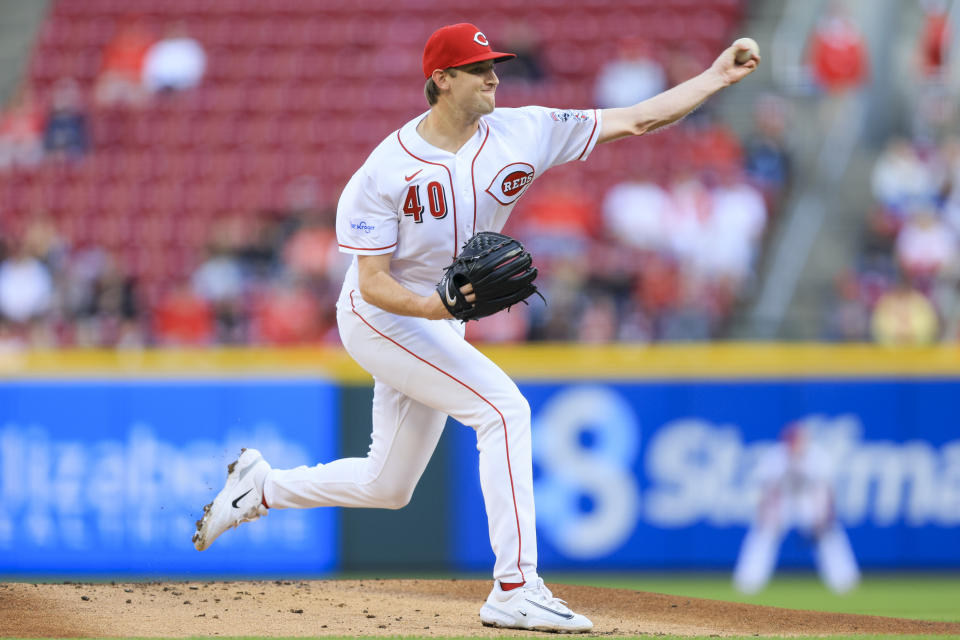 Cincinnati Reds' Nick Lodolo throws during the first inning of the team's baseball game against the Tampa Bay Rays in Cincinnati, Tuesday, April 18, 2023. (AP Photo/Aaron Doster)