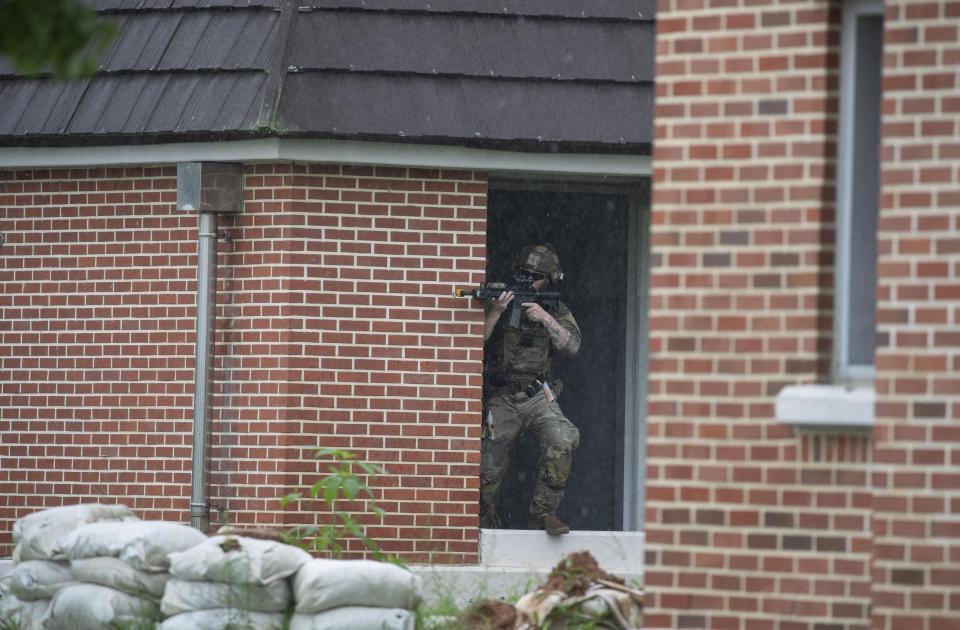 A U.S. soldier from 2nd Infantry Division, participate in a UFS/TIGER Combined Urban Operations plan as part of Ulchi Freedom Shield (UFS) exercises at Wollong Urban Area Operatiions training center, Wednesday, Aug. 23, 2023 on Paju in Gyeonggi-do, South Korea. (Jeon Heion-Kyun/EPA via AP, Pool)