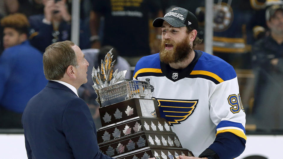 Ryan O'Reilly and the St. Louis Blues will square off against the Boston Bruins on October 26 in a nationally televised game on NHL on NBC. (AP Photo/Michael Dwyer)