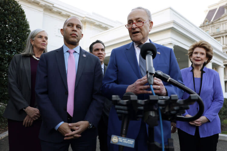 House Minority Leader Hakeem Jeffries held a press conference with Senate Majority Leader Chuck Schumer after a January meeting with President Joe Biden at the White House. (Alex Wong/Getty Images)