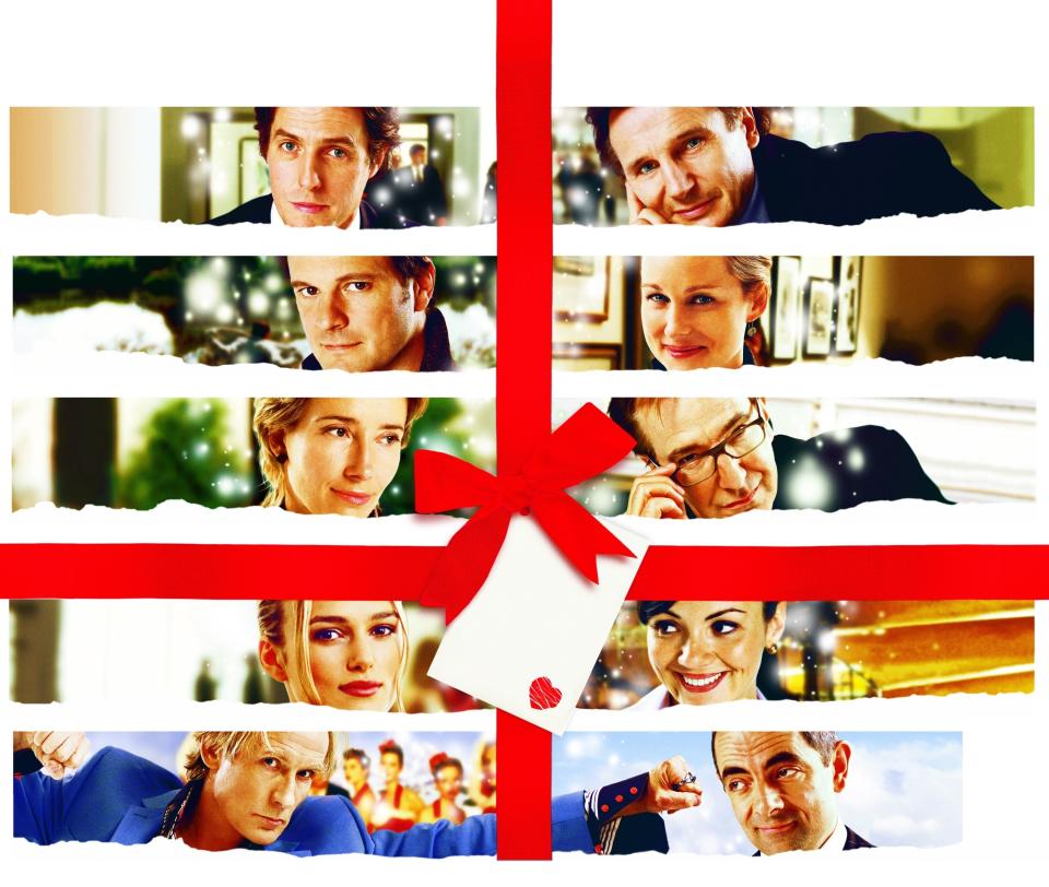 LOVE ACTUALLY, top to bottom left side: Hugh Grant, Colin Firth, Emma Thompson, Keira Knightley, Bill Nighy, top to bottom right side: Liam Neeson, Laura Linney, Alan Rickman, Martine McCutcheon, Rowan Atkinson, 2003