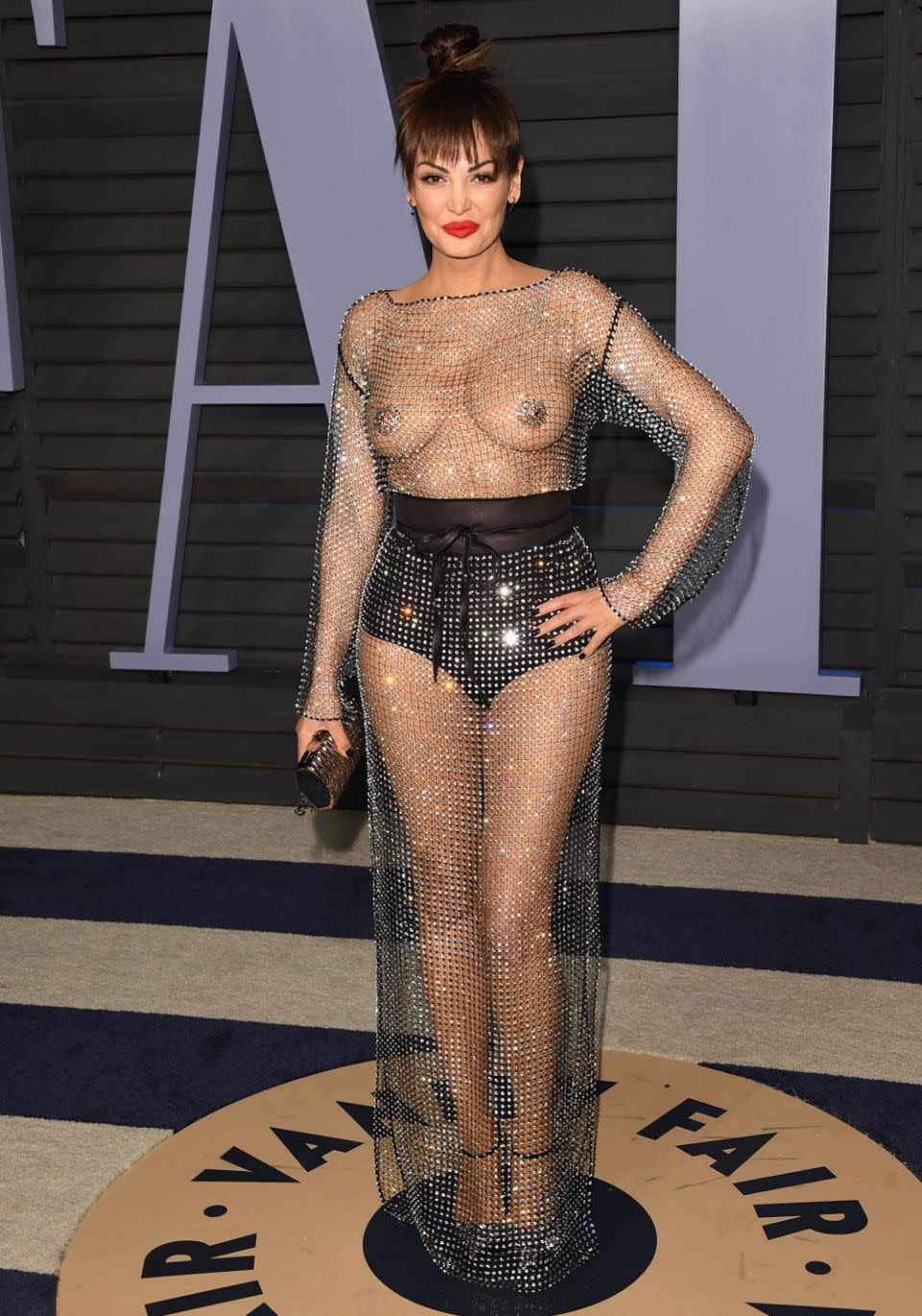 On Sunday night sheer dresses headlined the trends at the Vanity Fair Oscars bash in particular, with singer Bleona Qereti pretty much baring all in a see-through naked dress. Source: Getty